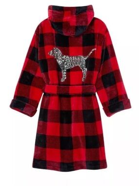 Victoria's Secret PINK Buffalo Plaid Fleece Robe with Sequin Dog Logo Size M/L